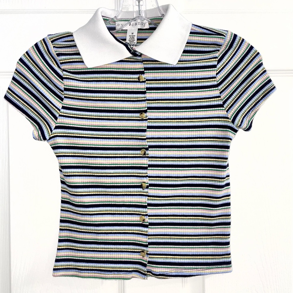 Eye Candy Button Down Striped Y2K Tee Medium